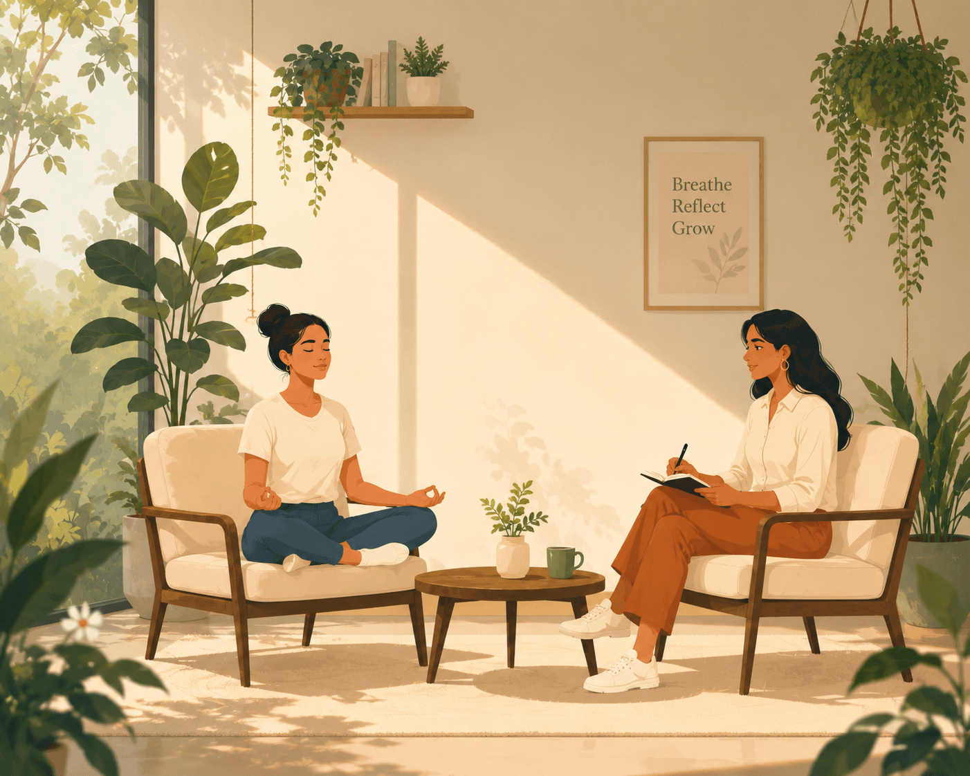 People practicing mindfulness and writing notes in a warm studio